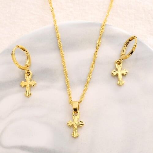 Gold small mini cross Pendant Necklace chain Earrings sets Jewelry Gold Christian jewelry sets for women girl Best Jesus Gifts