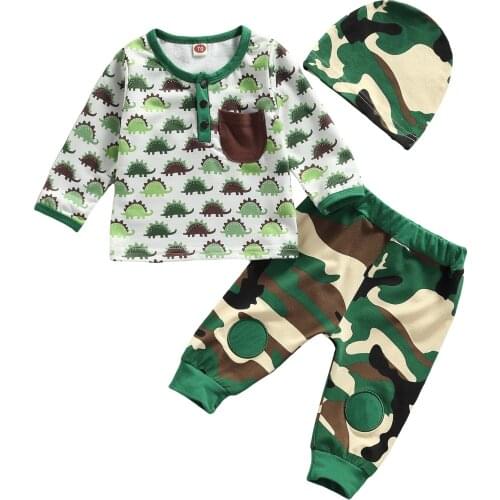 0-18M Newborn Baby Boy Long Sleeve Cartoon Dinosaur Print T-shirt Tops Camouflage Pant Hat 3PCS Baby Clothing Set