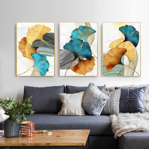 Blue Green Yellow Gold Plant Leaf Abstract Poster Nordic Canvas Print Wall Art Painting Modern Picture Living Room Decoration