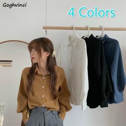 Women Blouses Shirts Fall New Chic Solid Vintage Turn-down Collar Ulzzang BF Stylish All-match Shirt Female Outwear 4 Colors Top