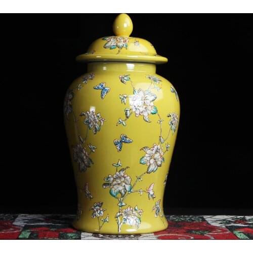 Jingdezhen Chinese Hand Painted porcelain Ginger jar yellow ceramic temple jar vase