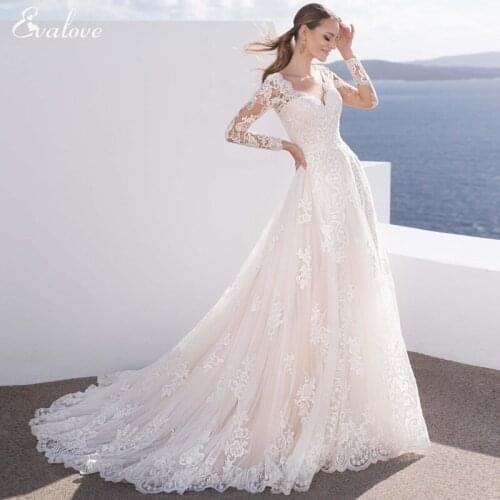 EVALOVE Elegant Scoop Neck Full Sleeve Bride A-Line Wedding Dress Gorgeous Appliques Court Train Vintage Customized Bridal Gown