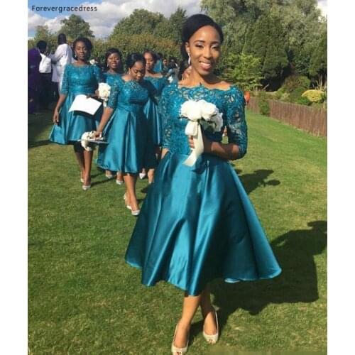 Vintage Tea Length Country Style Bridesmaid Dress Teal Garden Formal Wedding Party Guest Maid of Honor Gown Plus Size
