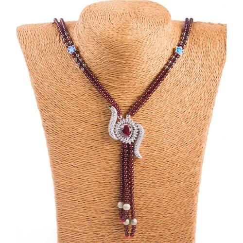 Genuine Natural Red Garnet Crystal Round Beads Women Nice Red Eye Pendant Sweater Necklace 64MM