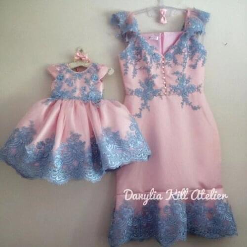 Pink Mother Daugher Dresses Blue Lace Pink Mom Girls Matching Birthday Party Gowns Custom