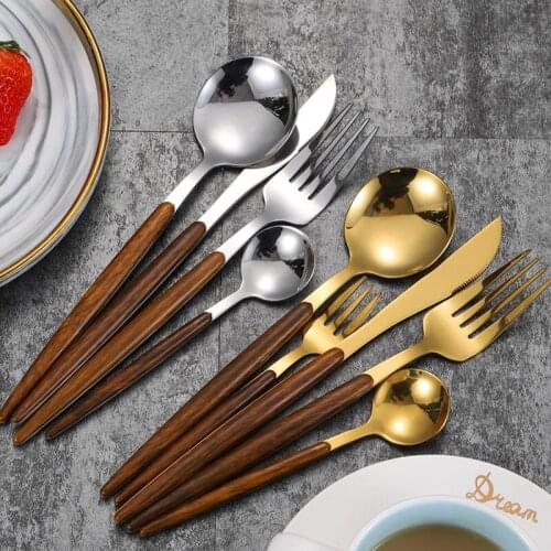 Imitation Wooden Handle 304 Stainless Steel Steak Cutlery Ins Style Western Tableware Fork Knife Spoon Set Kitchen Supplies 2021