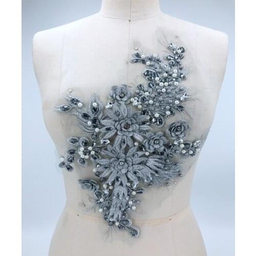 Three-dimensional flower sew on rhinestones beads gray lace applique trim patches 38*23cm for dress accessory