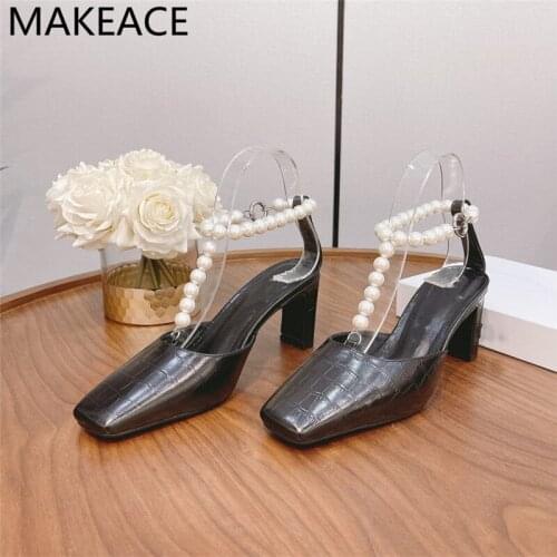 Crocodile Pattern High Heel Pumps Women Square Toe Real Leather Shallow Mouth Pearl Chain Ankle Strap Sandals Sexy Party Shoes