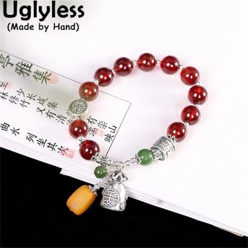 Uglyless Elastic Rope Natural Amber Beeswax Jasper Garnet Bracelets for Women Real 925 Sterling Silver Charms Bracelets Gemstone