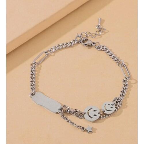 Silver Color Handmade Vintage Bracelets Stainless Steel Couple Smiling Face Chain Bracelet for Women Men Jewelry