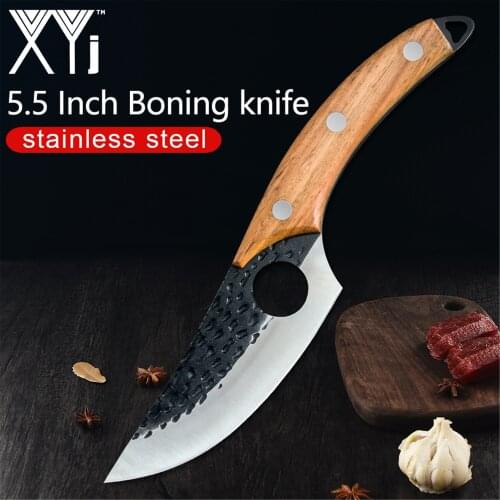 XYj Kitchen Gadget Tool 5.5 Inch Stainless Steel Butcher Boning Knife Full Tang Wooden Handle Hammer Pattern Blade Serbian Knife