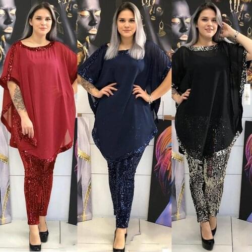 2021 Women African Clothing Sequins Outfits Chiffon Short Sleeve Tops Inner Tops Pants Elastic 3PCS Africa Sets Fashion Suits