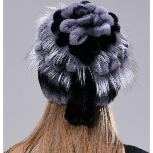 Rex Rabbit Fur Hats for Wome Winter Warm Real Fur Hat with tails Floral Knitted Caps Stylish Female Grils Fashion Fluffy Fur Hat