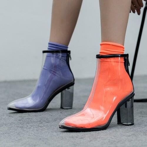 Women Summer Boots Genuine Leather Ankle Short High Heel Round Toe Slipon Womens Sexy Waterproof Transparent Boots 2019 Shoes