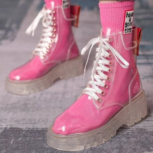 Women Ankle Boots Lace Up Leather Transparent Shoes Female Thick Square Heels Platform Ladies Fashion Sort Comfort Footwear