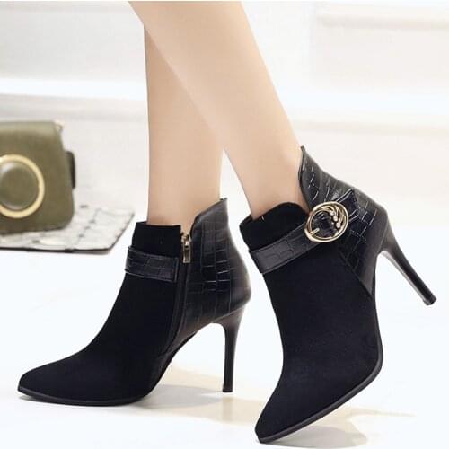 2021 Winter Fashion Women Boots Pointed Toe Ankle Boots 5CM Heel High Heels Shoes Woman Autumn Fashion Boots Flock Metal Shoe