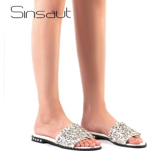 Sinsaut Summer Shoes Crystal Slides Shoes Women Flip Flops Flat With Casual Shoes Transparent diamond rhinestone slippers