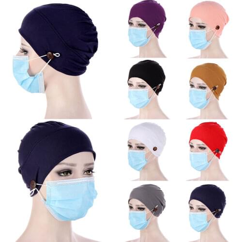 Women Muslim Turban Head Wrap Hat With Button Headwear Headscarf Bonnet Inner Hijabs Cap Muslim Hijab Chemo Hats Turbantes Caps