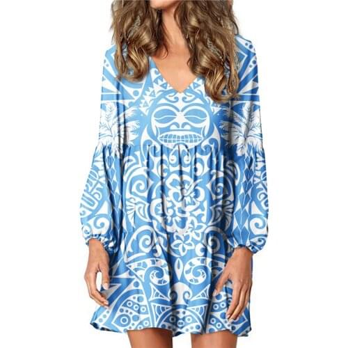 Hycool New Sky Blue Samoan Tribal Stripe Print Women Plus Size Clothing Sexy V-Neck Long Lantern Sleeve Dress For Pregnant Women