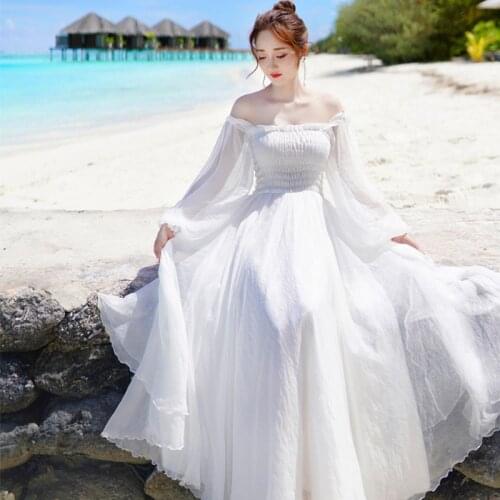 2020 Summer Chiffon Dress Women Elegant Long Sleeve Vintage Slash Neck A-Line White Beach Party Dresses Vestidos
