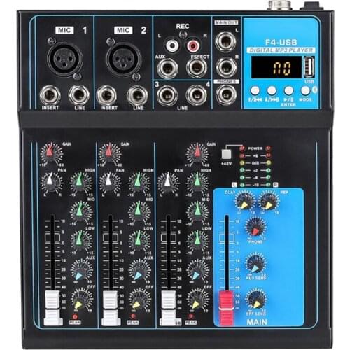 F4 4 Channel Audio Mixer Sound Professional Mixing Console with Bluetooth USB Recording 48V Phantom Power