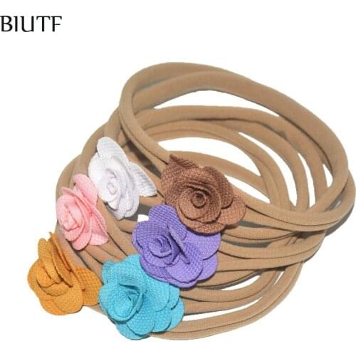 5pcs/lot Cheap Nylon Headband with 4.0CM Mini Hemp Fabric Rose Flowers Girl Kids Hairband Hair Accessories FD246