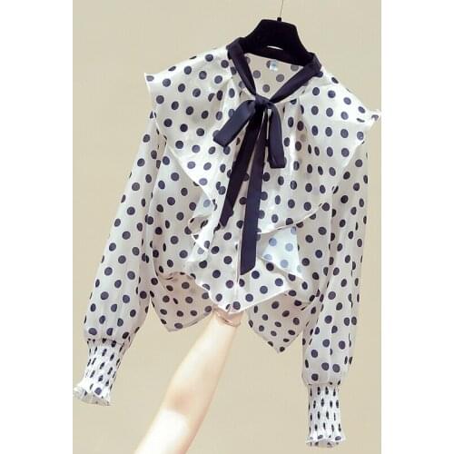 Long Sleeve Blouse Women Blusas Mujer De Moda 2021 Ruffles V-Neck Dot Chiffon Blouse Shirt Blusa Womens Tops And Blouses D795