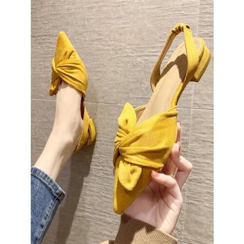 Summer Shallow Mouth Set Feet Baotou Ladies Sandals Pure Color Square Heels All-match Bowknot Elegant Pointed High Heels