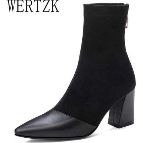 Patchwork Socks Boots Women Suede Pointed Toe Square High Heels Riding Bottes Femme Back Zipper Winter Plush Solid Ankle Boots