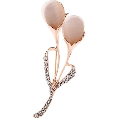 Rose Gold Color Alloy Tulips Flower Cat Eye Stone Brooch with Rhinestone Temperament Jewelry