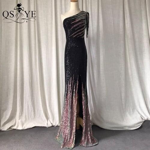 Black Fading Prom Dress Colorful Beading Straps Evening Gown with Split Pattern Lace Formal Party Gown One Shoulder Black Dress