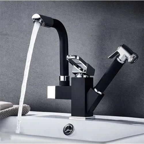 Black Kitchen Pull Out Faucet Bidet Spray Deck Mounted Hot Cold Mixer 360 Rotation Swivel Bathroom Sink Crane Shower Basin Taps