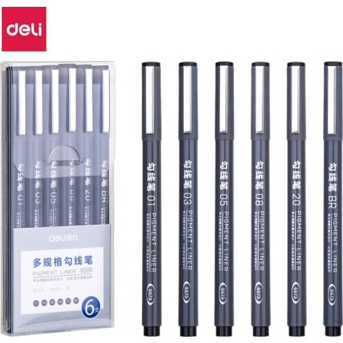 Deli haak lijn pen set Fijne Hand Geschilderd Dunne Haak Lijn Pen Kunst Levert Tekening zwarte kunst student verf Pen Borst 6pcs