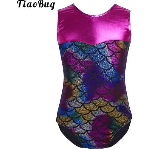 TiaoBug Kids Girls Sleeveless Scales Printed Splice Ballet Dance Gymnastics Leotard Jumpsuit Fitness Yoga Bodysuit