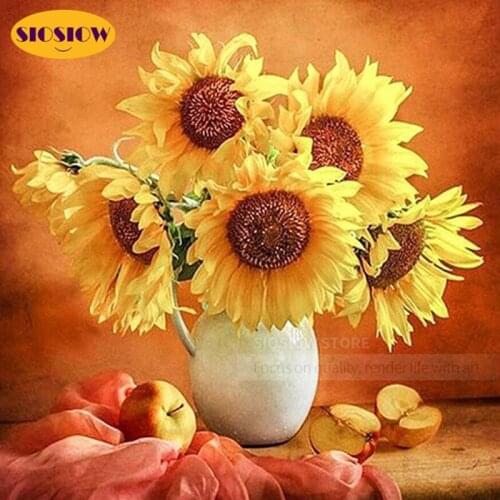 DIY 5D Diamond Painting Sunflower Flower Vase Full Square Round Drill 3D Embroidery Diamond Rhinestone Flowers Decor Home Room