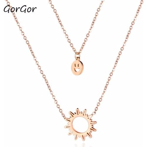 GorGor Japanese And Korean Simple Stainless Steel Sun Rays Double-layer Smiling Face Fashionable Women Choker Necklace 1654