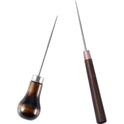 KAOBUY 2PCS Wood Handle Awl Leather Straight Awls Hole Puncher Drills Leather Punching Tools For Leather Hand Stitching