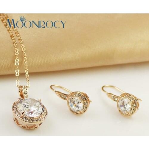 MOONROCY Free Shipping Fashion jewelry rose Gold Color Cubic Zirconia Crystal Necklace and Earring Jewelry Set For women