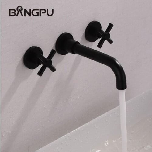 BANGPU Wall Mounted Bathroom Faucet Black Basin Faucet 3 Holes Sink Faucet Rotary Spout Basin Faucet Basin Sink Tap Bathroom Tap