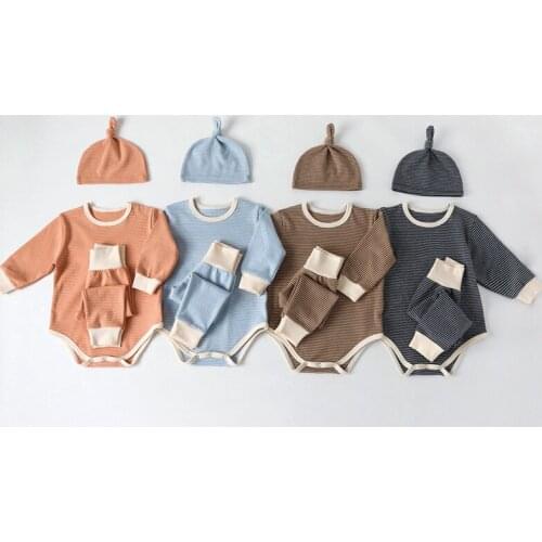 2021 New Fashion Infant Baby Boy Girl Clothes Striped Candy Color Romper+Pant+Hat Suit Long Sleeves Cotton Toddler Boy Costume