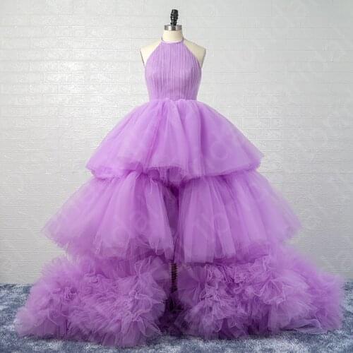 2021 Latest Charming Purple Ball Gown Prom Party Dresses Halter Neck Lace Up Back Wedding Guest Gowns Tiered Skirt Hot Sale