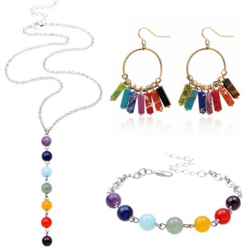 7 Chakra Beads Pendant Necklace & Bracelet Set Yoga Healing Balancing Beaded Bracelet Home Fitness Women Jewelry