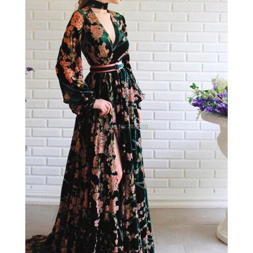 2020 New Arrival Evening Dress A-Line Long Sleeves Floor-Length Formal Dress Sash Prom Dress Velvet Flower Robe De Soiree Arabic