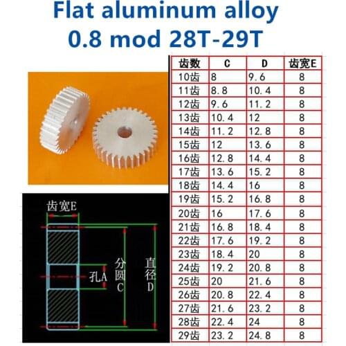 Flat aluminum alloy 0.8 mod 28t 29 teeth involute straight gear