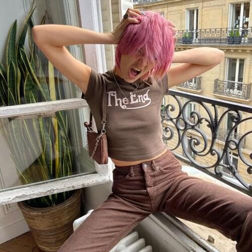 Casual Womens Letter Printed Short T-shirt Short Sleeve Round Neck Slim Crop Tops for Summer Wear