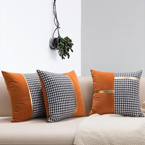 Luxury Cushion Cover Retro Houndstooth Sofa Cushions Patchwork Pillow Case Frosted Velvet Fabric Cover housse de coussin cojines