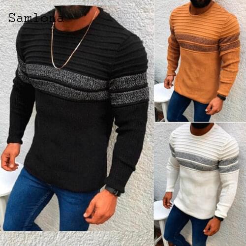Samlona 2020 Autumn New Pleated Sweaters Men Patchwork Stripes England Style Winter Warm Clothes Mens Knitting Sweater Pullovers