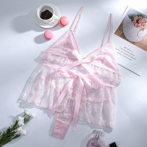 Sexy Lingerie Hot Dress Underwear Lace Set Bow Bandage Bra And Panty Skirts Set Underwear babydoll sleep dress Pink Lingeri