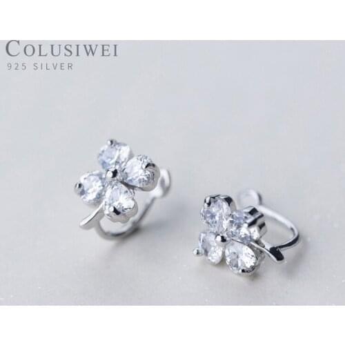 Colusiwei Lucky Four Leaf Clover Clip Earrings for Women Shining Clear CZ Flower Jewelry Trendy 925 Sterling Silver Jewelry