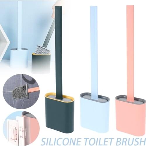 Toilet Brush Water Leak Proof With base Silicone Wc Flat Head Flexible Soft Bristles Brush with Quick Drying Holder Set